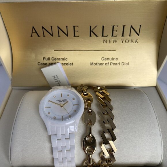Anne Klein Ladies 12/7740WTST White Ceramic Watch w/ 2- Gold Tone SS Bracelets - Picture 5 of 11